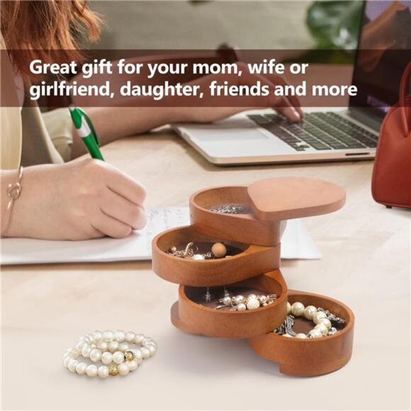 JSVER Portable Jewelry Organizer Wooden Jewelry Box, 4-Layer Rotatable Jewelry - Picture 5 of 8